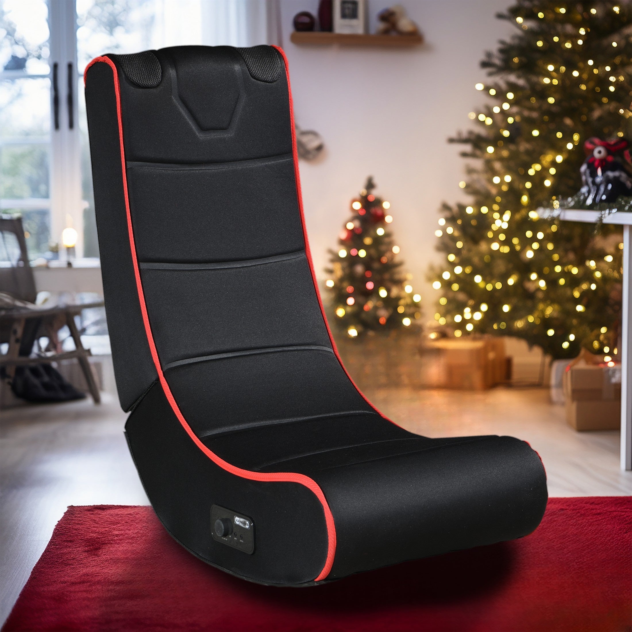 Sesslife Folding Gaming Rocker Floor Chair with 2 Built-in Audio Speakers, Modern Rocker Floor Gaming Chair with 3.5mm Input and Output Ports for Teens, Single Chair for Bedroom Game Room, Black
