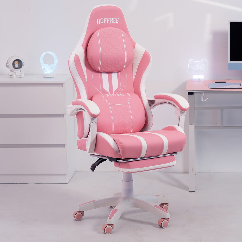 Hoffree Big and Tall Gaming Chair with Speakers Massage Office Chair Adjustable Lumbar Support Linkage Armrest for Home Office