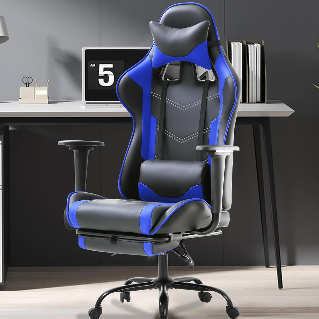PayLessHere Blue Gaming Chair - Ergonomic PU Leather w/Lumbar Support & Footrest