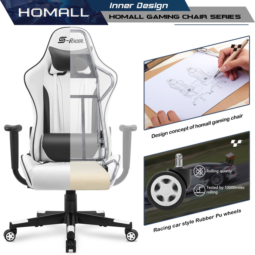 Homall Gaming Chair Sracer Rocking Chair High Back Racing Office Chair Computer Desk Chair PU Leather Executive and Ergonomic Swivel Chair, White