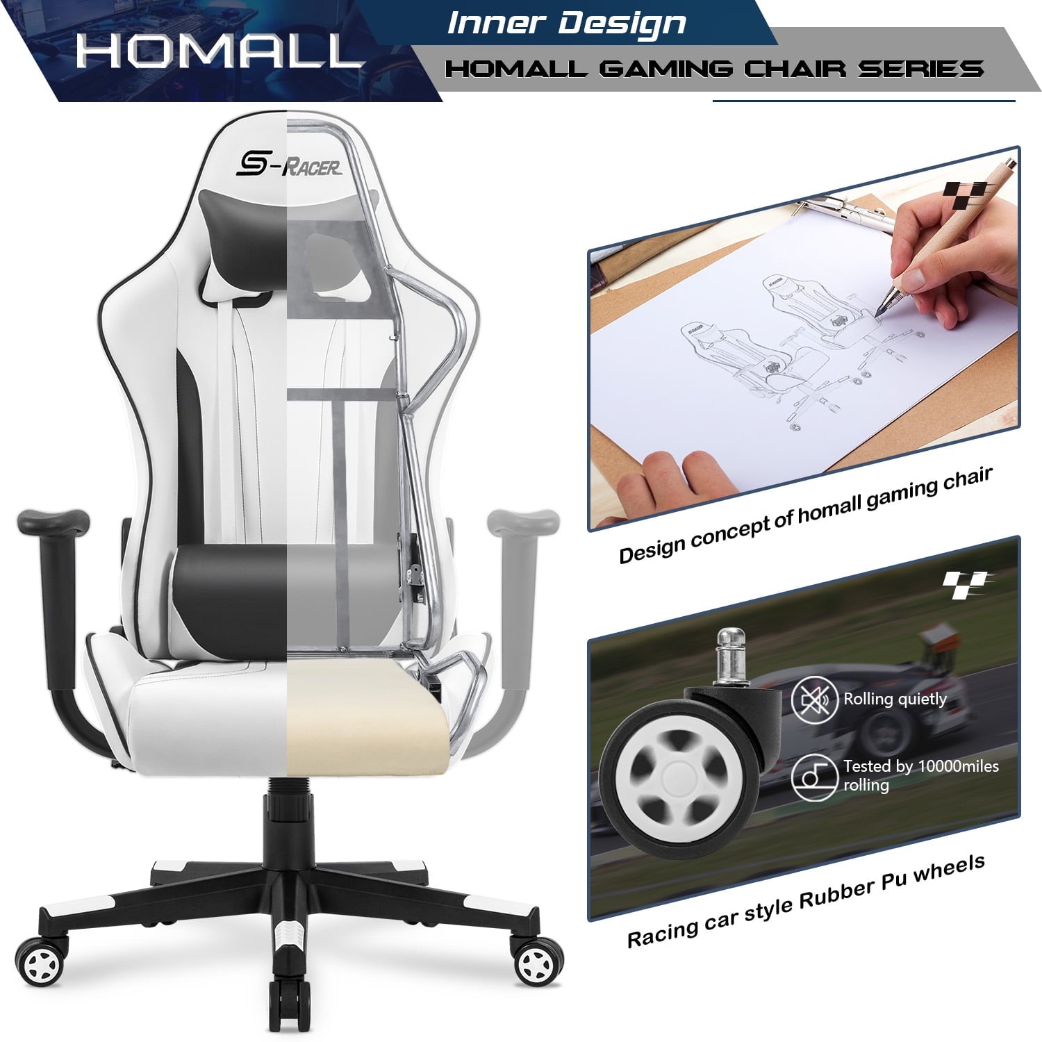 Homall Gaming Chair Sracer Rocking Chair High Back Racing Office Chair Computer Desk Chair PU Leather Executive and Ergonomic Swivel Chair, White