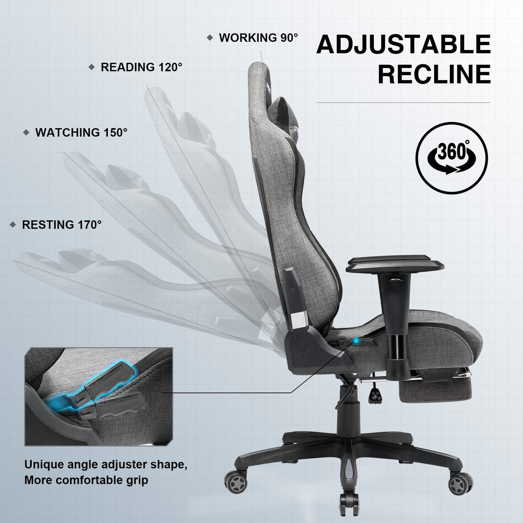 GTRACING Fabric Adjustable Height Reclining Gaming Office Chair with Footrest, Gray