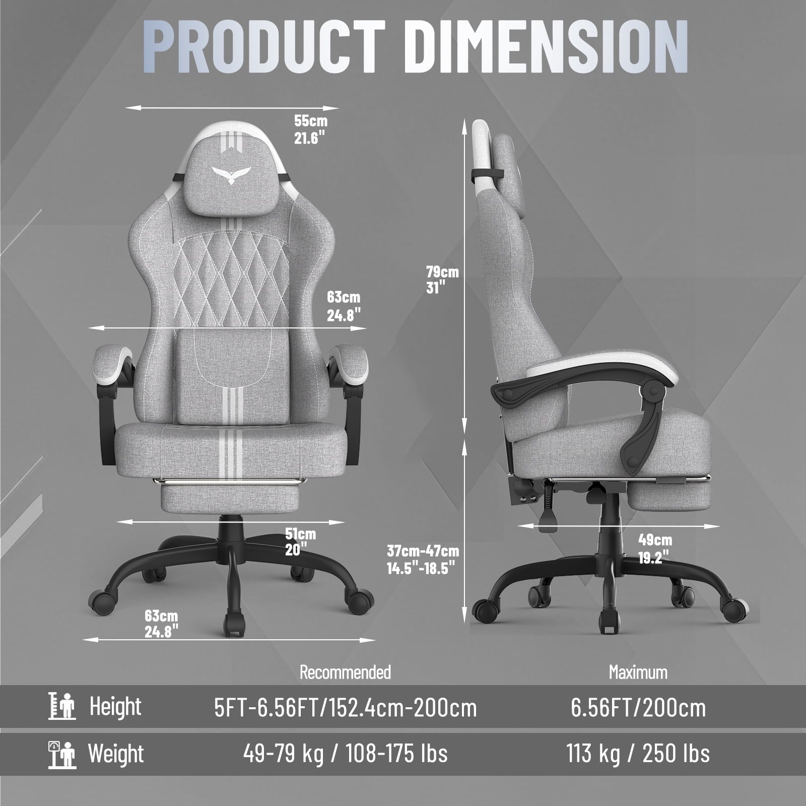 SOONTRANS Ergonomic Gaming Chair with Footrest, Adult Office Chair with Pocket Spring Cushion, Comfortable Gamer Game with Massage Lumbar Cushion Linen Fabric, Reclining Computer Chair, Grey & White