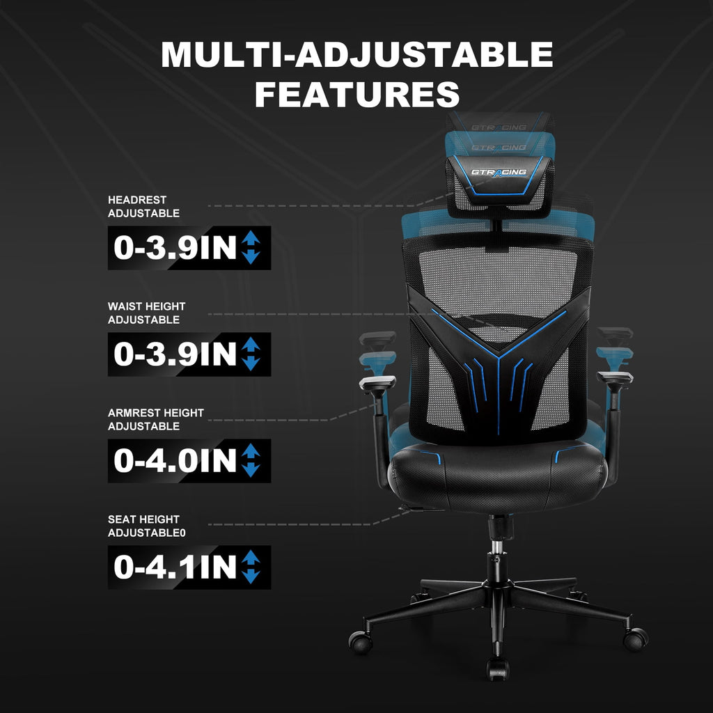 GTRACING Gaming Chair, Computer Chair with Mesh Back, Ergonomic Video Game Chair, Reclining Gaming Chair, Blue