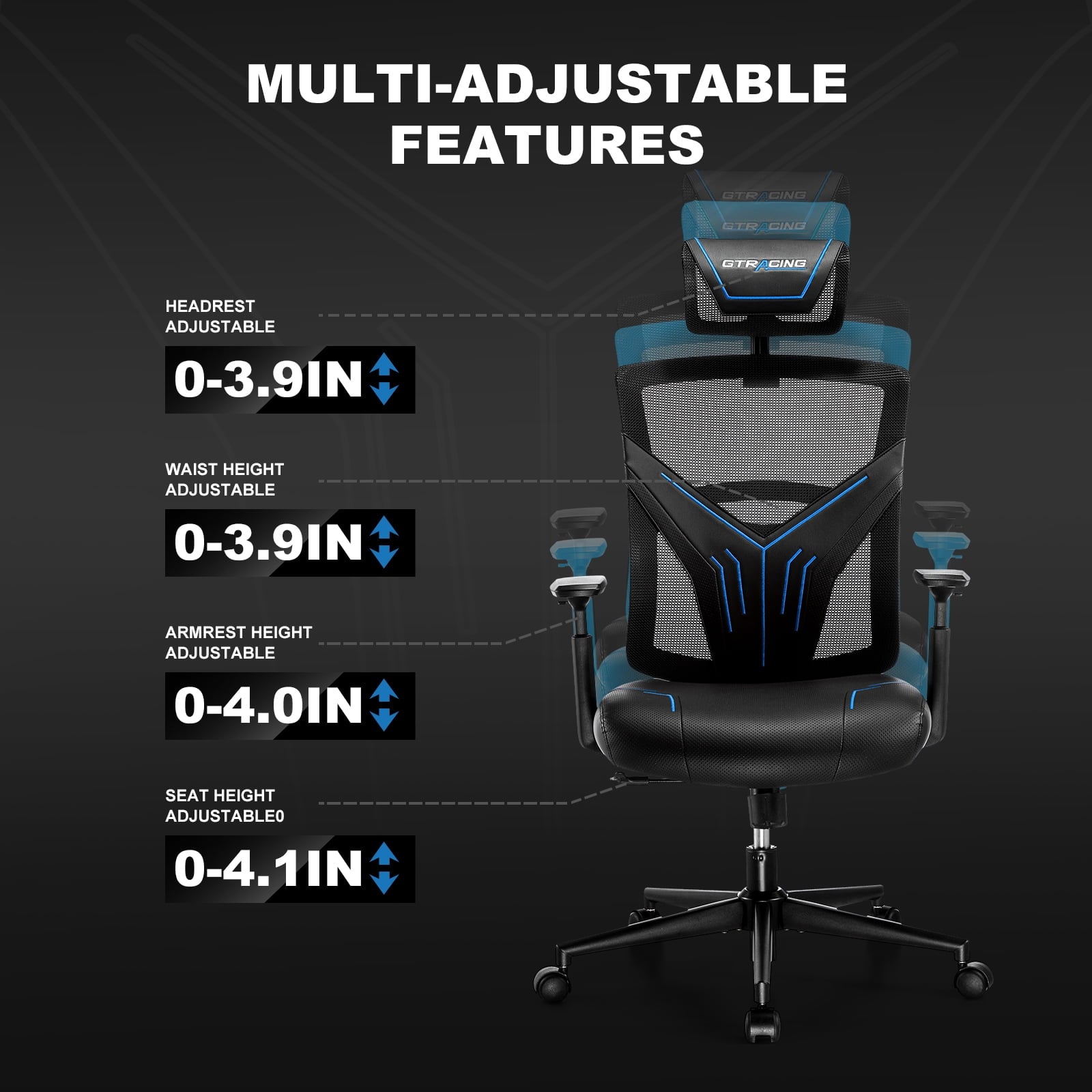 GTRACING Gaming Chair, Computer Chair with Mesh Back, Ergonomic Video Game Chair, Reclining Gaming Chair, Blue