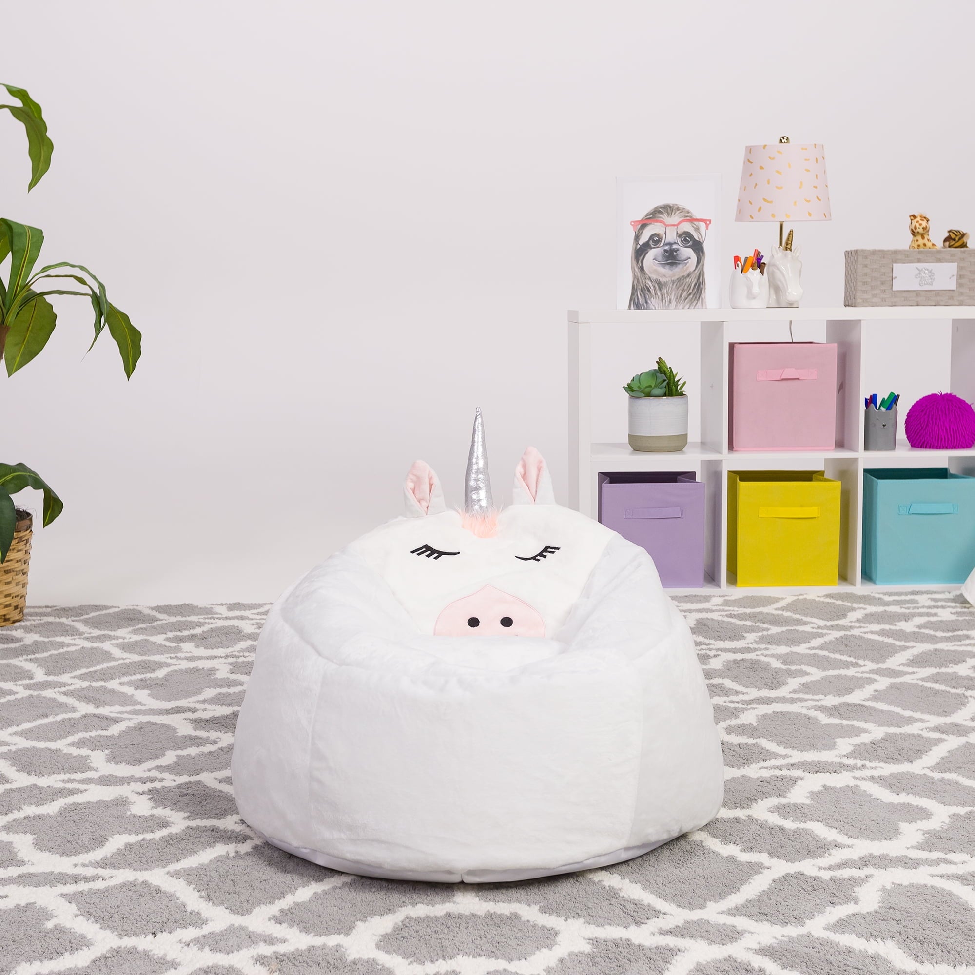 Posh Creations Cute Soft Bean Bag Chair for Kids, Furry, 2.5ft, Large, Animal - White Unicorn