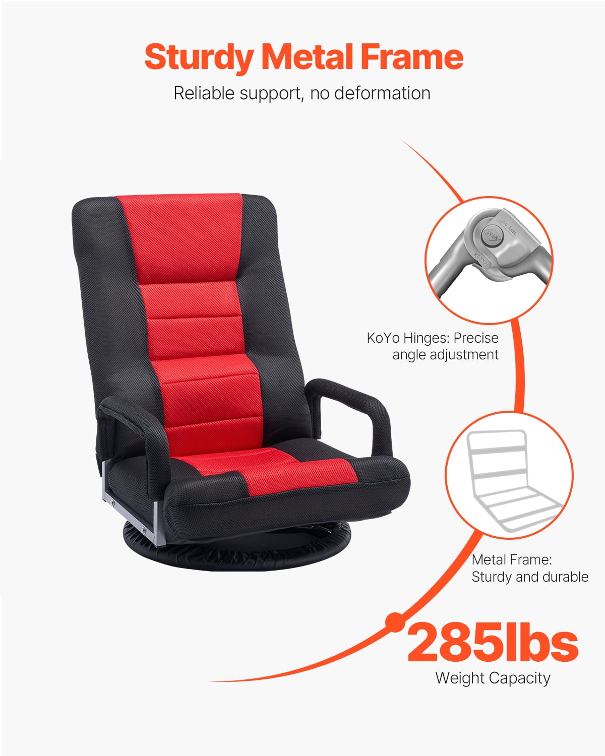 VEVOR Swivel Floor Gaming Chair with Armrests, 360-Degree Rotating Floor Chair with 6 Adjustable Position Folding Backrest and Lumbar Support, Folding Video Reclining Sofa for TV Reading, Red Black