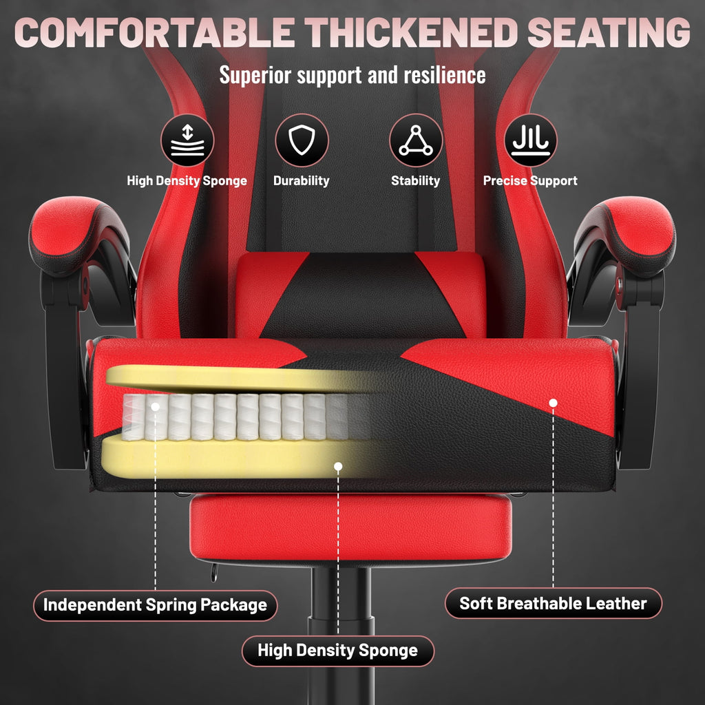 SOONTRANS Gaming Chair, High Back PU Leather Gamer Chair Game with Massage & Footrest, Reclining Ergonomic Computer Office Chair for Adults, Racing Style Video Game Chair, Red