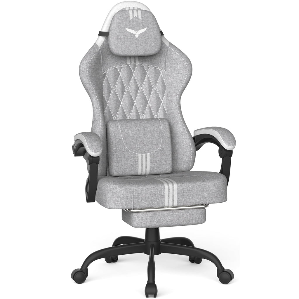 SOONTRANS Ergonomic Gaming Chair with Footrest, Adult Office Chair with Pocket Spring Cushion, Comfortable Gamer Game with Massage Lumbar Cushion Linen Fabric, Reclining Computer Chair, Grey & White