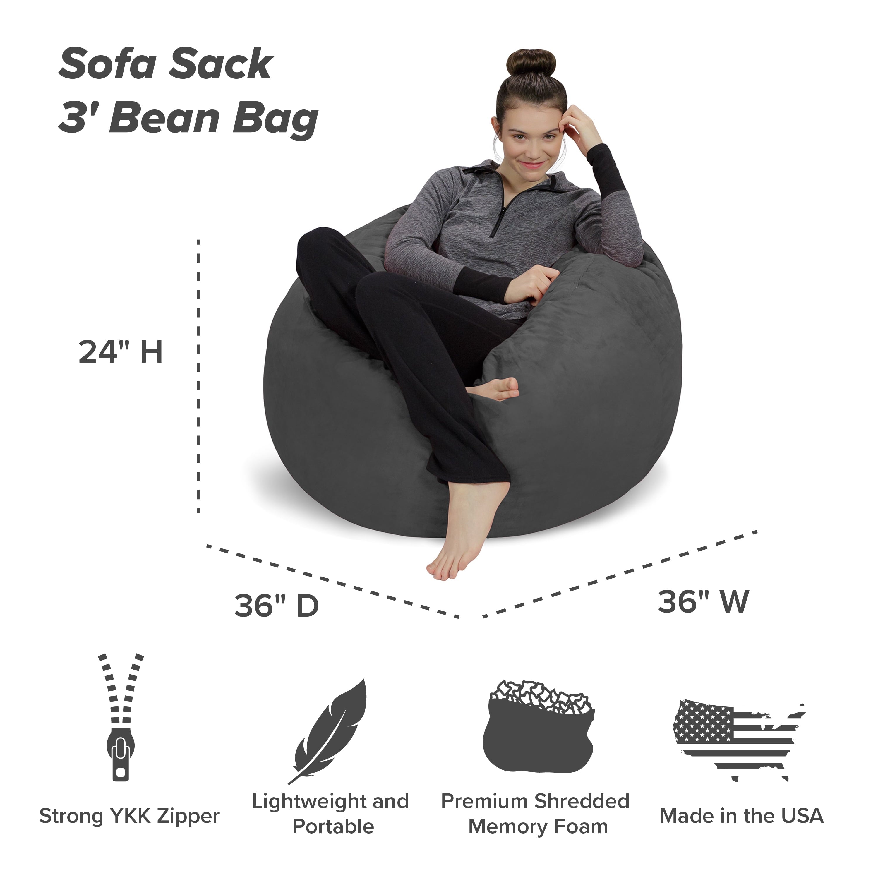 Sofa Sack Bean Bag Chair, Memory Foam Lounger with Microsuede Cover, Kids, 3 ft, Charcoal