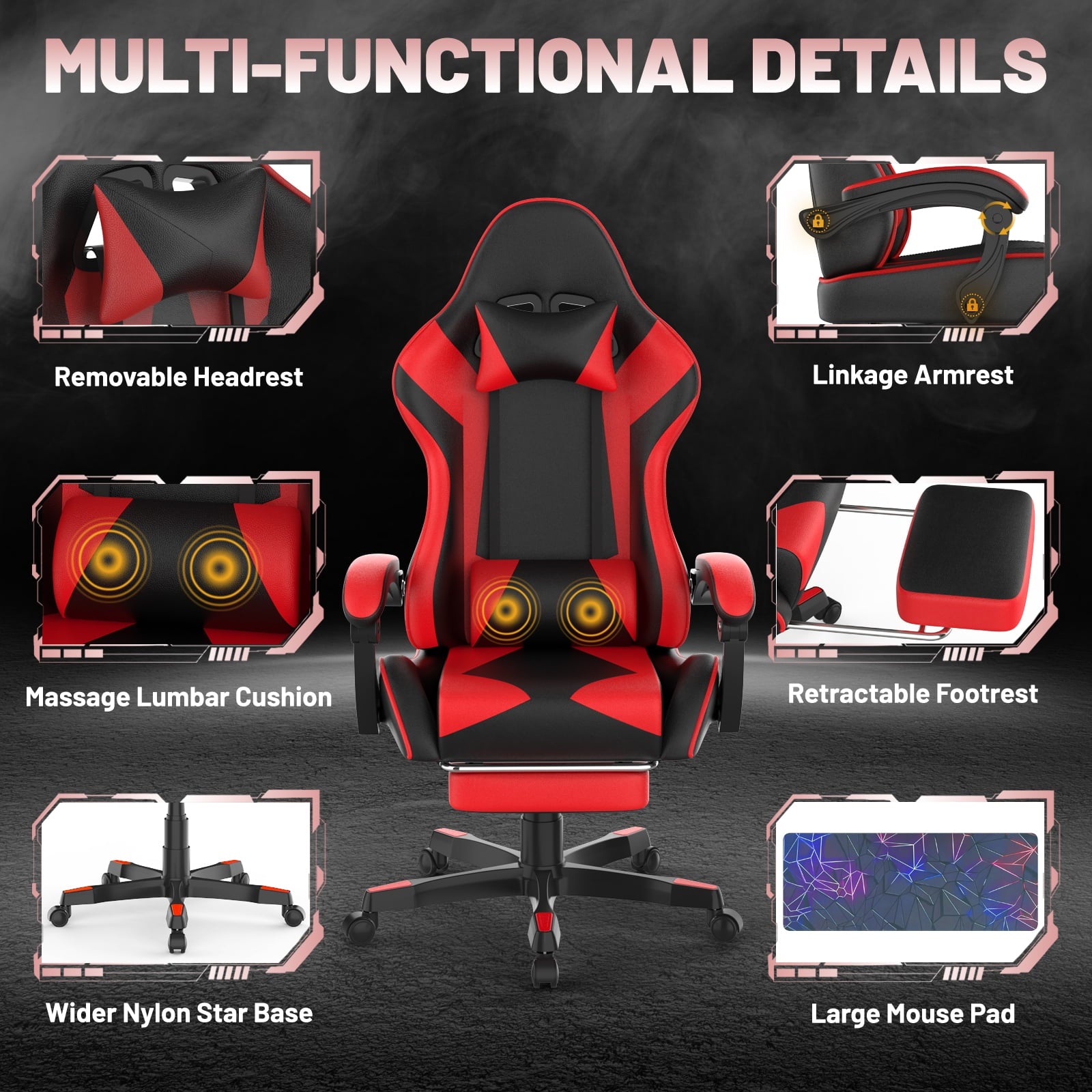 SOONTRANS Gaming Chair, High Back PU Leather Gamer Chair Game with Massage & Footrest, Reclining Ergonomic Computer Office Chair for Adults, Racing Style Video Game Chair, Red