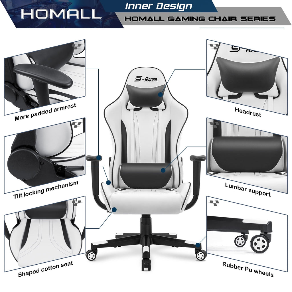 Homall Gaming Chair Sracer Rocking Chair High Back Racing Office Chair Computer Desk Chair PU Leather Executive and Ergonomic Swivel Chair, White