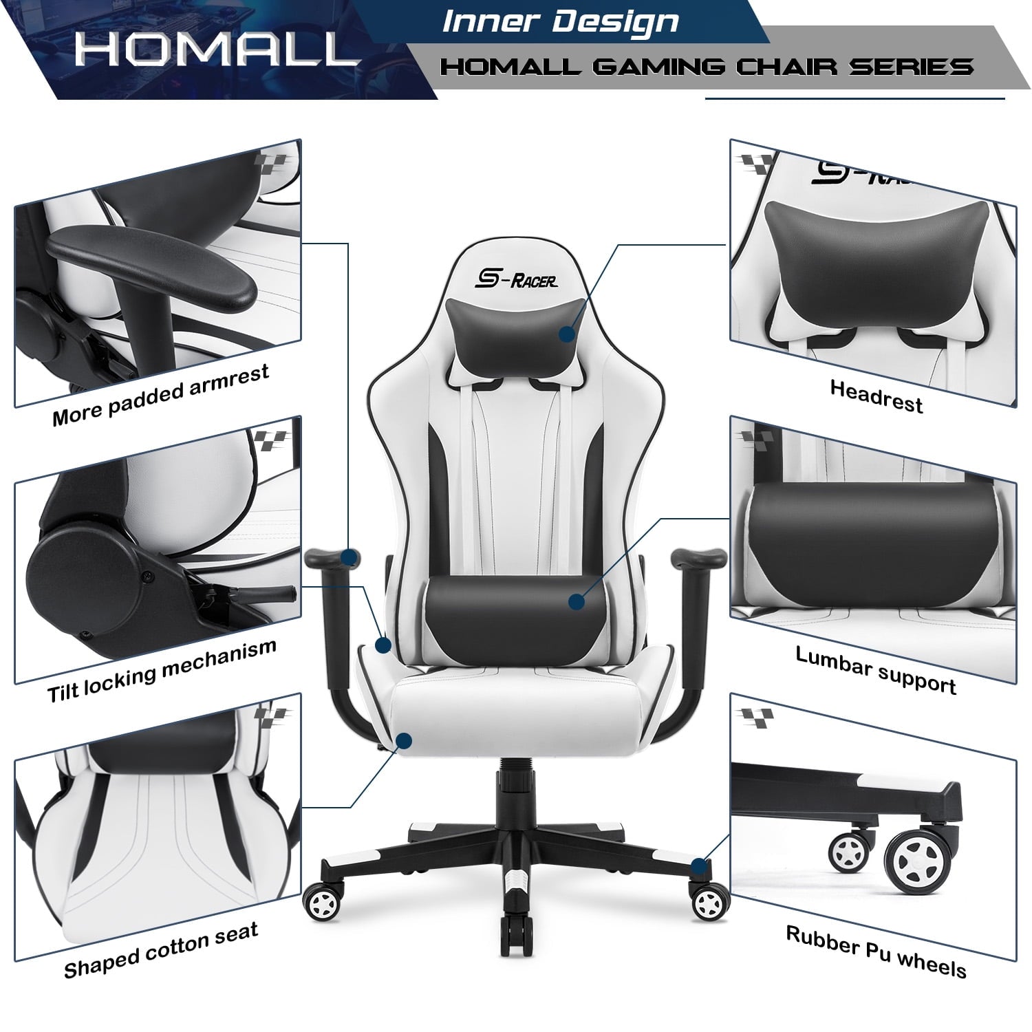 Homall Gaming Chair Sracer Rocking Chair High Back Racing Office Chair Computer Desk Chair PU Leather Executive and Ergonomic Swivel Chair, White