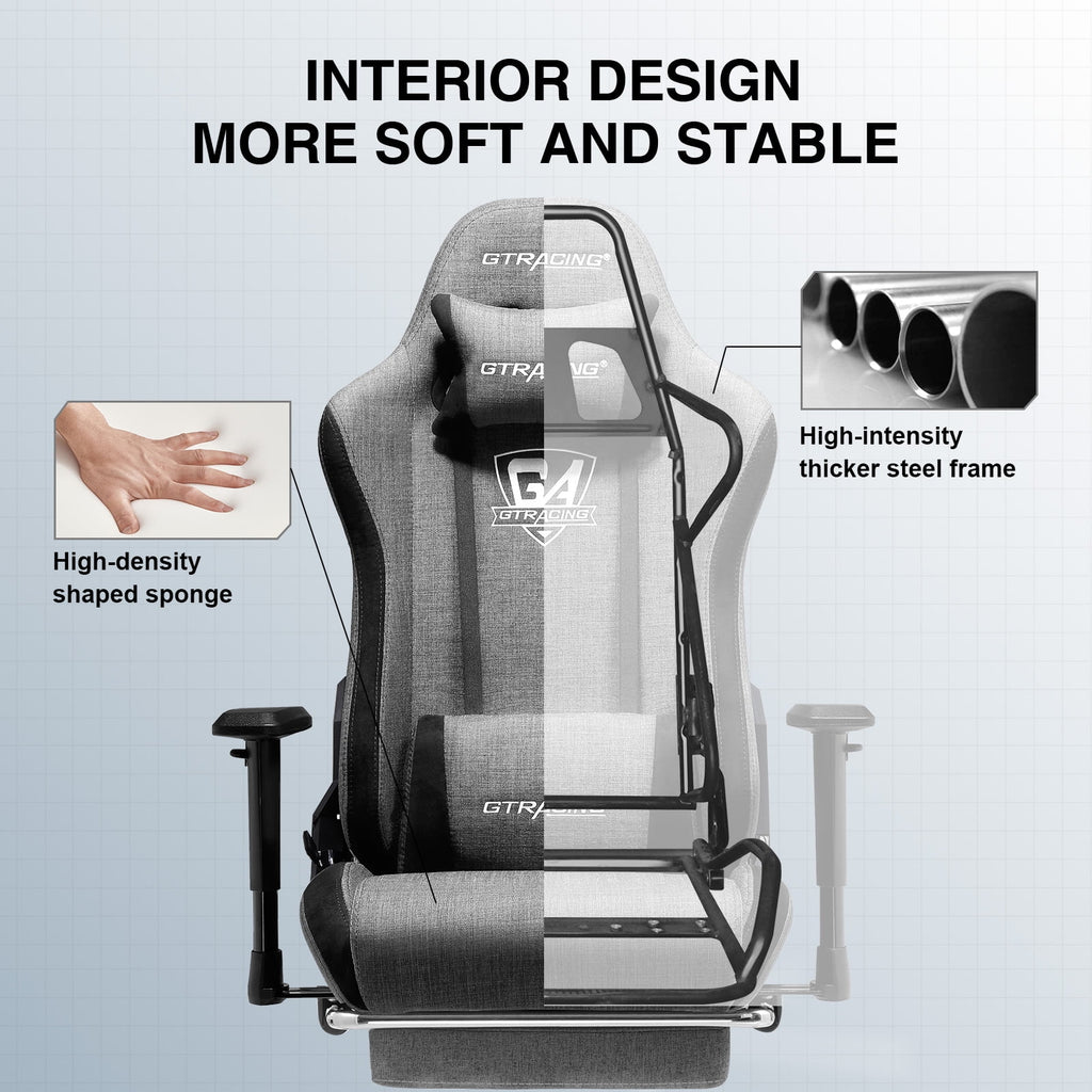GTRACING Fabric Adjustable Height Reclining Gaming Office Chair with Footrest, Gray