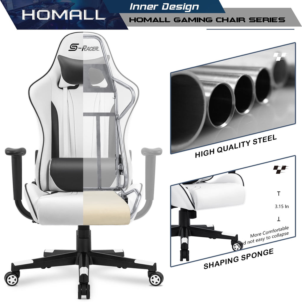 Homall Gaming Chair Sracer Rocking Chair High Back Racing Office Chair Computer Desk Chair PU Leather Executive and Ergonomic Swivel Chair, White