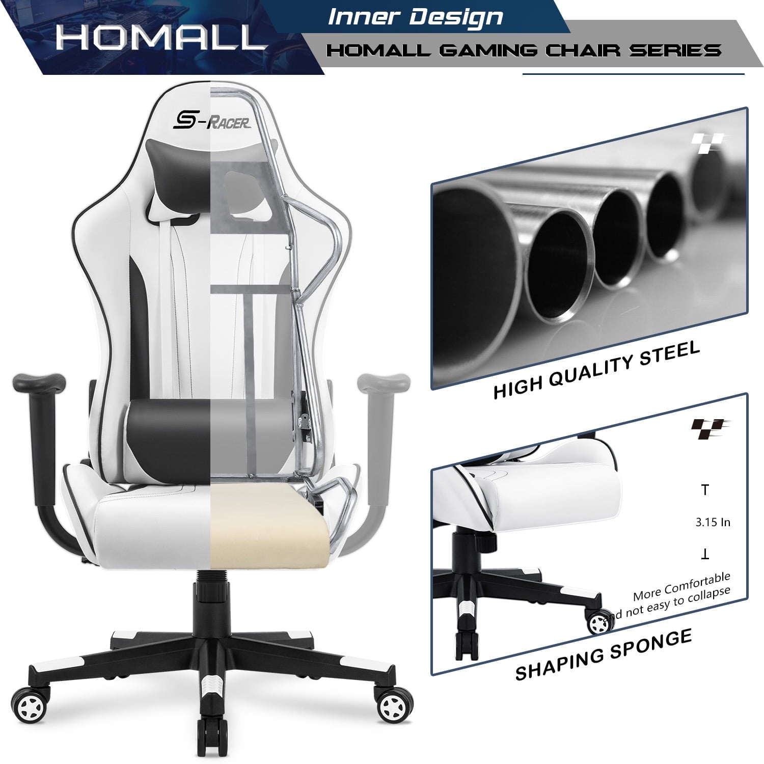 Homall Gaming Chair Sracer Rocking Chair High Back Racing Office Chair Computer Desk Chair PU Leather Executive and Ergonomic Swivel Chair, White
