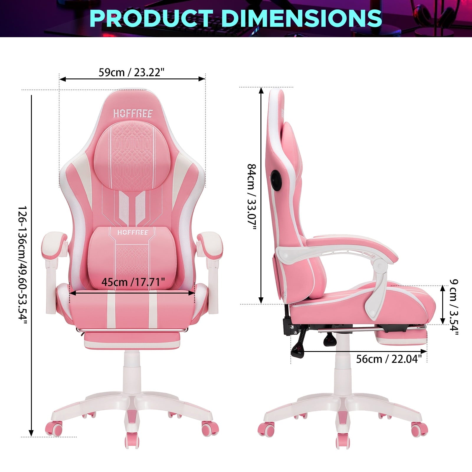 Hoffree Big and Tall Gaming Chair with Speakers Massage Office Chair Adjustable Lumbar Support Linkage Armrest for Home Office