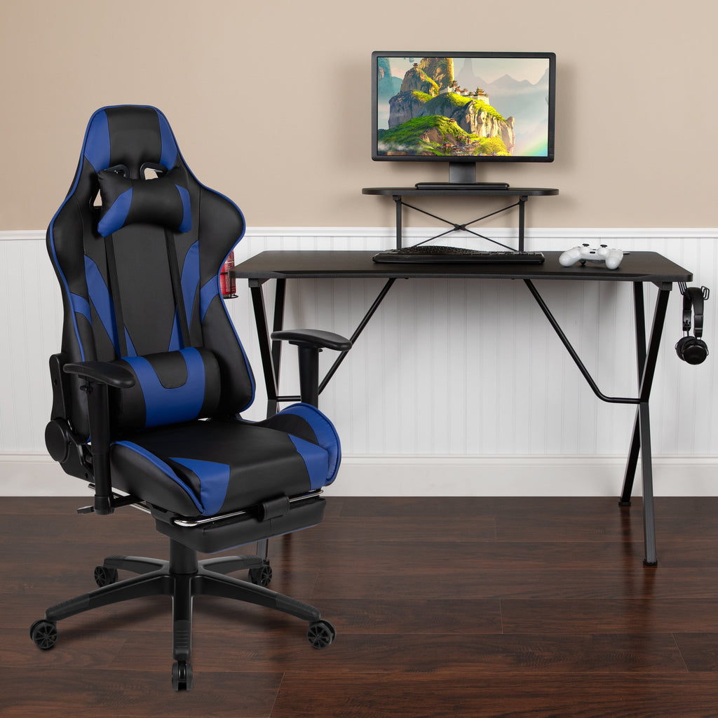 Flash Furniture Optis Black Gaming Desk with Cup Holder/Headphone Hook and Monitor/Smartphone Stand & Blue Reclining Gaming Chair with Footrest