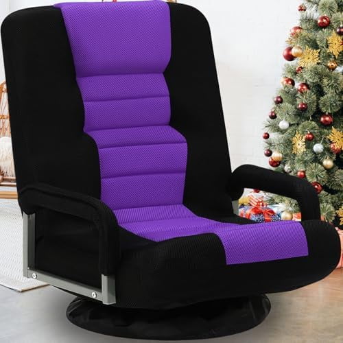 Swivel Gaming Chair Multipurpose Floor Gaming Chair for Playing Video Games, TV, Reading w/Armrest Lumbar Support & 6 Adjustable Postion Backrest for Adults & Kids,Purple