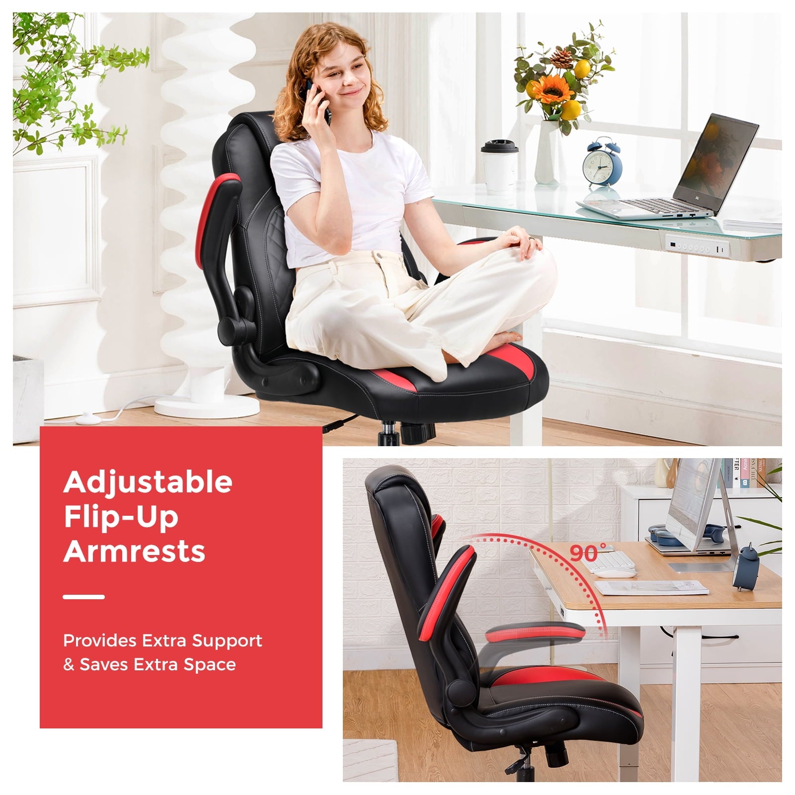 GTPLAYER Adjustable Height Video Gaming Computer Chair with Rocking Function and Flip-up Armrest, Red