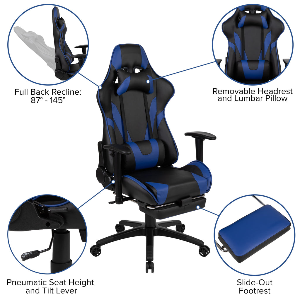 Flash Furniture Optis Black Gaming Desk with Cup Holder/Headphone Hook and Monitor/Smartphone Stand & Blue Reclining Gaming Chair with Footrest