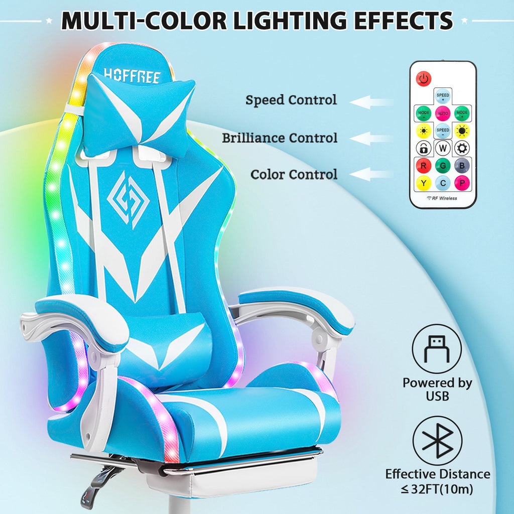 Hoffree Massage Gaming Chair with Bluetooth Speaker and RGB LED Lights, Ergonomic Video Game Chair High Back Swivel Office Recliner  Chair with Adjustable Footrest, Headrest and Lumbar Support