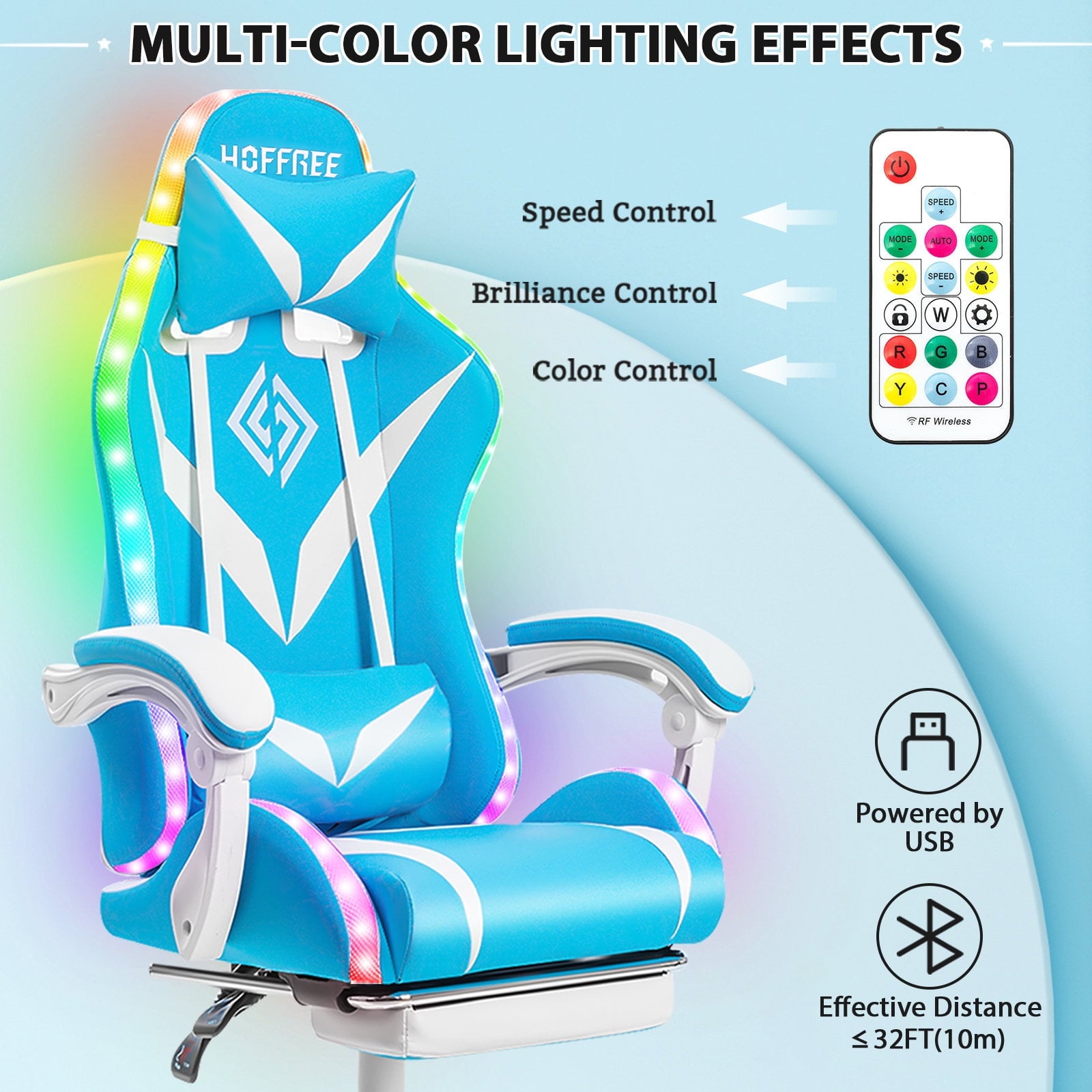 Hoffree Massage Gaming Chair with Bluetooth Speaker and RGB LED Lights, Ergonomic Video Game Chair High Back Swivel Office Recliner  Chair with Adjustable Footrest, Headrest and Lumbar Support