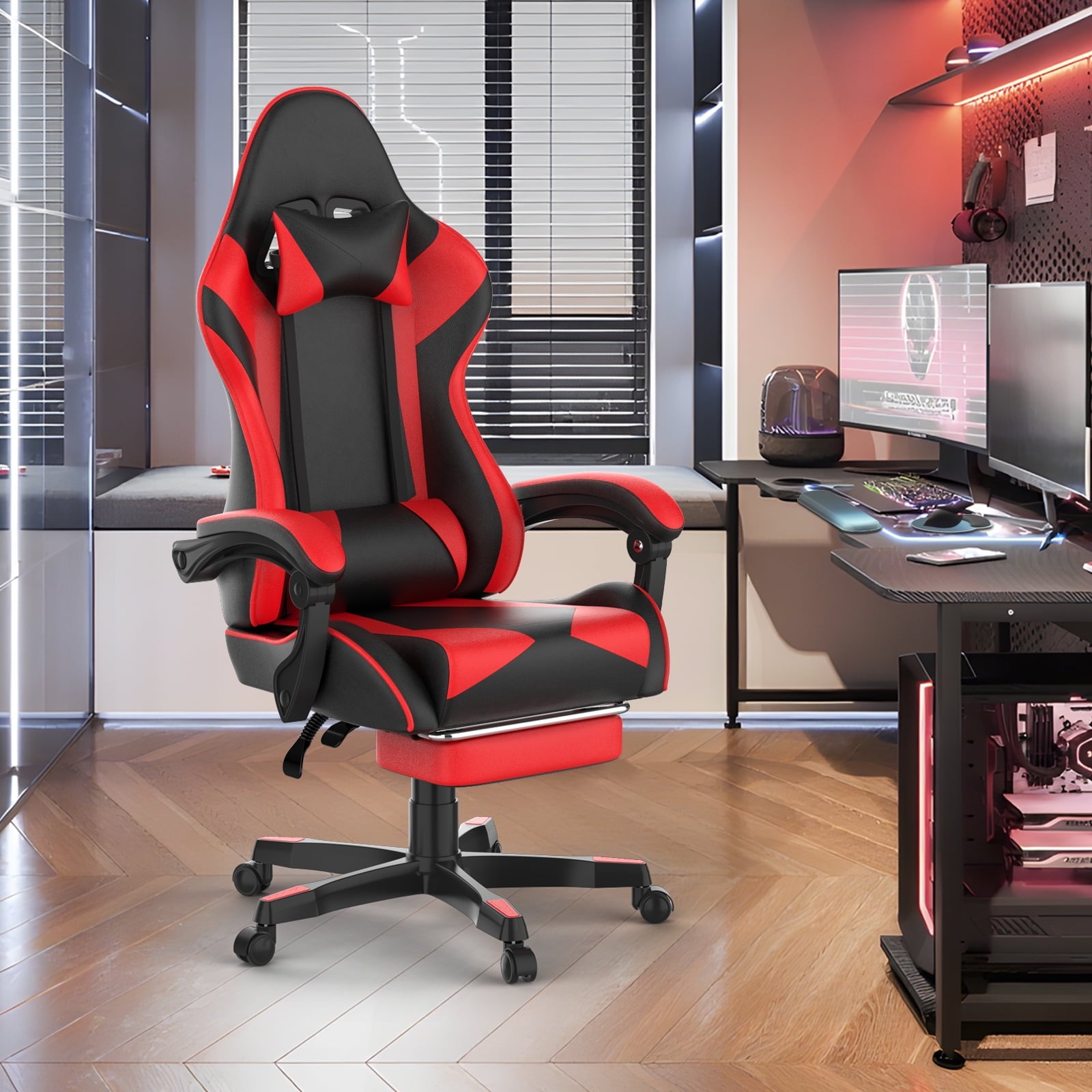 SOONTRANS Gaming Chair, High Back PU Leather Gamer Chair Game with Massage & Footrest, Reclining Ergonomic Computer Office Chair for Adults, Racing Style Video Game Chair, Red