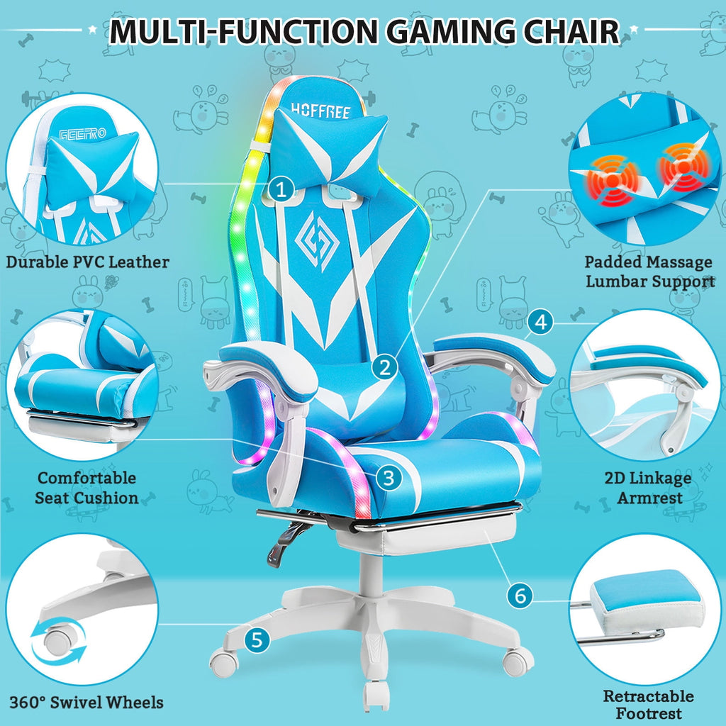 Hoffree Massage Gaming Chair with Bluetooth Speaker and RGB LED Lights, Ergonomic Video Game Chair High Back Swivel Office Recliner  Chair with Adjustable Footrest, Headrest and Lumbar Support
