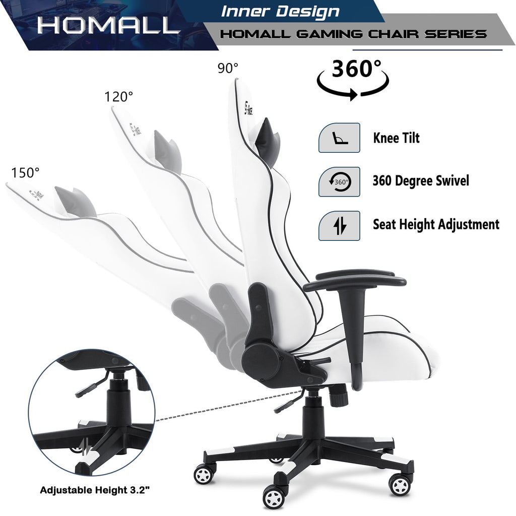 Homall Gaming Chair Sracer Rocking Chair High Back Racing Office Chair Computer Desk Chair PU Leather Executive and Ergonomic Swivel Chair, White