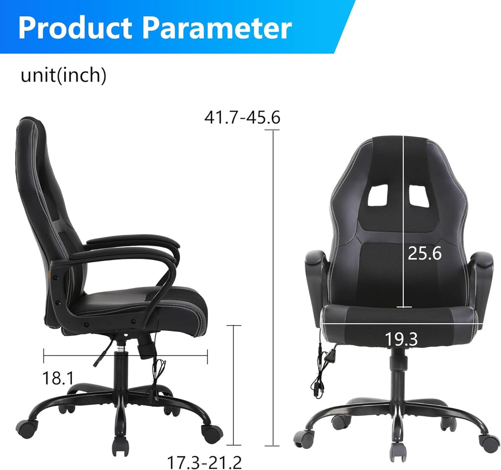 PayLessHere Black Gaming Chair - Ergonomic PU Leather w/Lumbar Support & Headrest