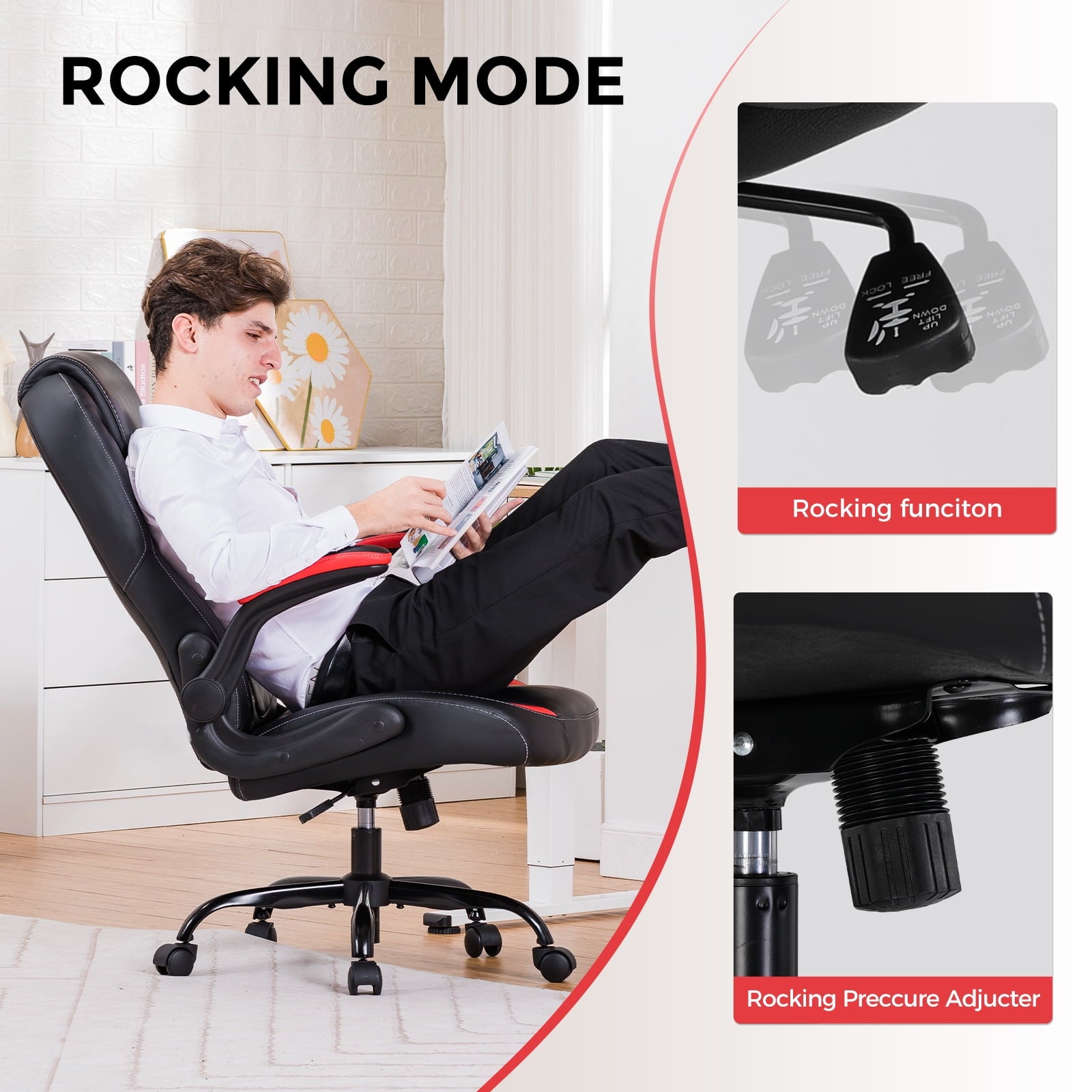 GTPLAYER Adjustable Height Video Gaming Computer Chair with Rocking Function and Flip-up Armrest, Red