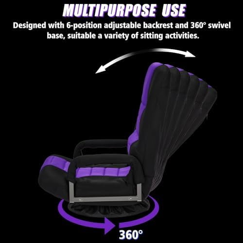 Swivel Gaming Chair Multipurpose Floor Gaming Chair for Playing Video Games, TV, Reading w/Armrest Lumbar Support & 6 Adjustable Postion Backrest for Adults & Kids,Purple