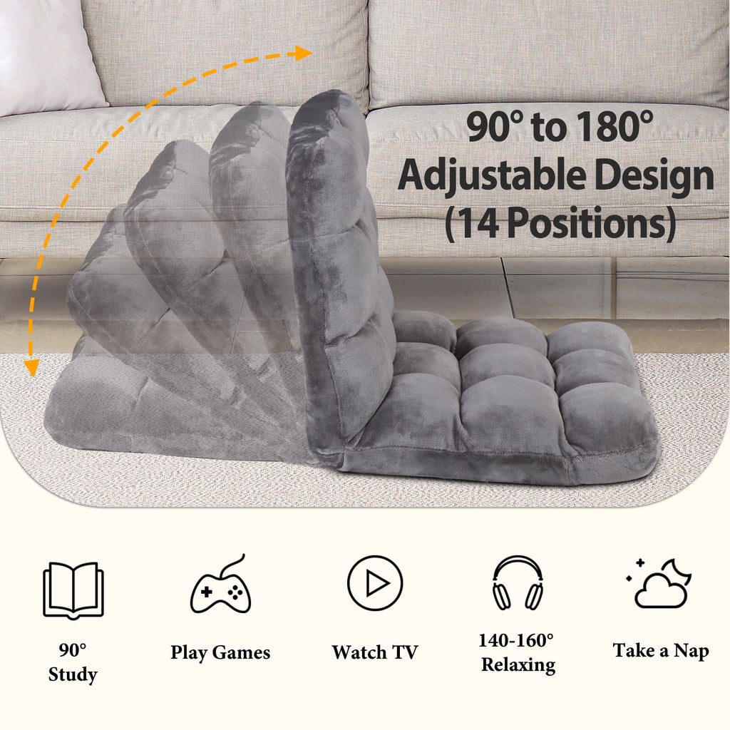 HomGarden 14-Position Adjustable Floor Chair Padded Folding Gaming Sofa Chair Grey 18.5”W x 19.3”D x 18”H