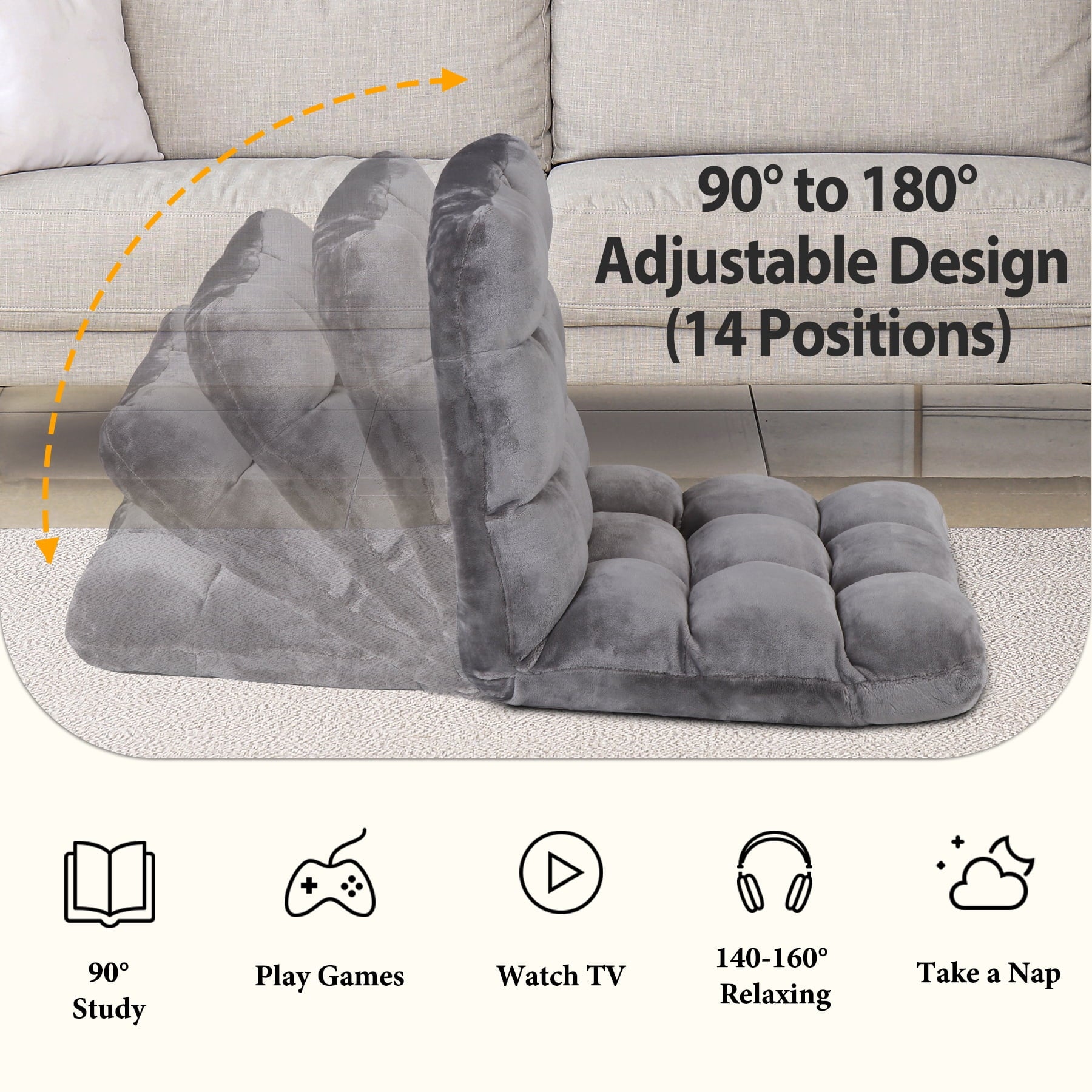 HomGarden 14-Position Adjustable Floor Chair Padded Folding Gaming Sofa Chair Grey 18.5”W x 19.3”D x 18”H