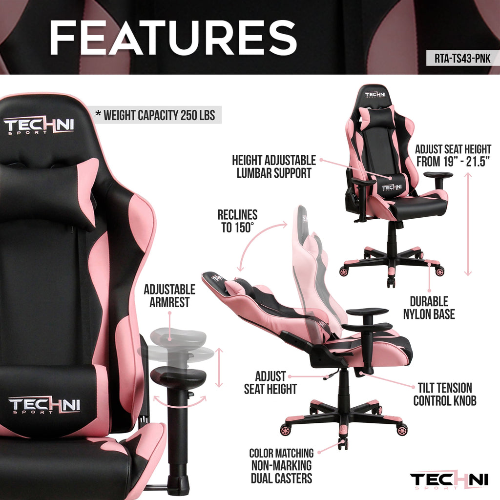 Techni Sport TS-4300 Ergonomic High Back Racer Style PC Gaming Chair with Memory Foam Seat, Pink RTA-TS43-PNK