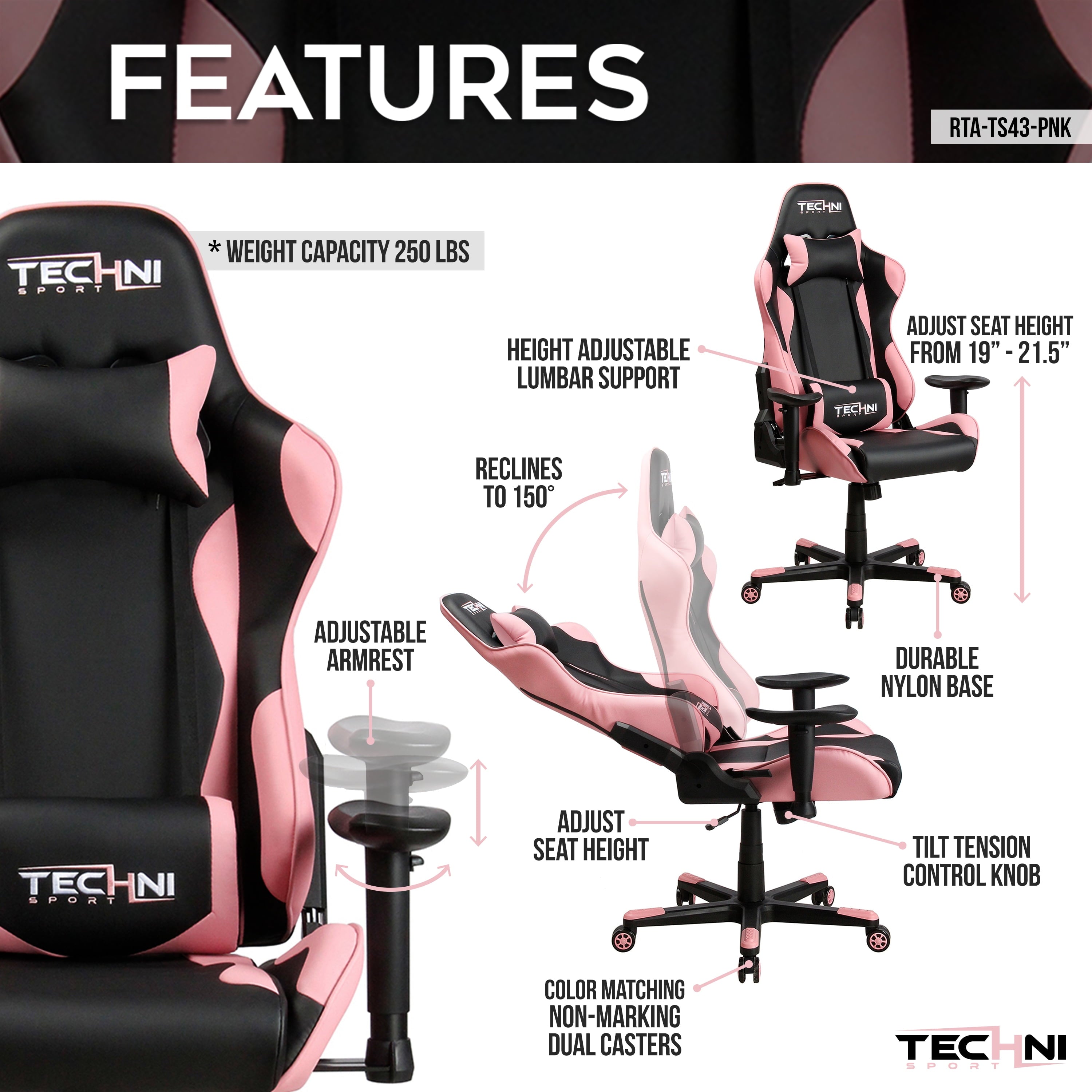 Techni Sport TS-4300 Ergonomic High Back Racer Style PC Gaming Chair with Memory Foam Seat, Pink RTA-TS43-PNK
