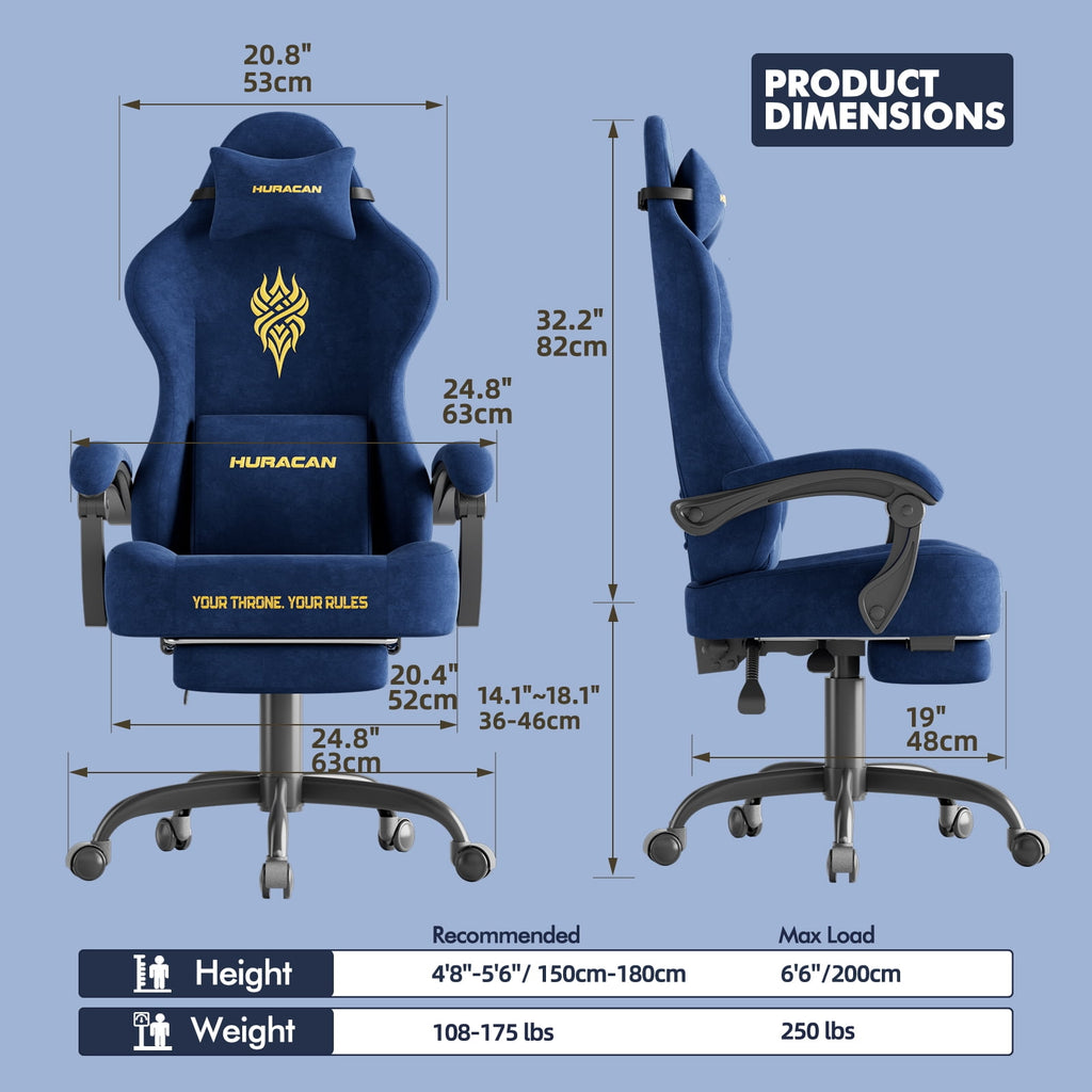 SOONTRANS Blue Gaming Chair for Adult, Velvet Fabric Ergonomic Comfortable Video Gamer Chair with Footrest, Reclining Office Computer Desk Game Chairs with Massage Lumbar Cushion, Headrest