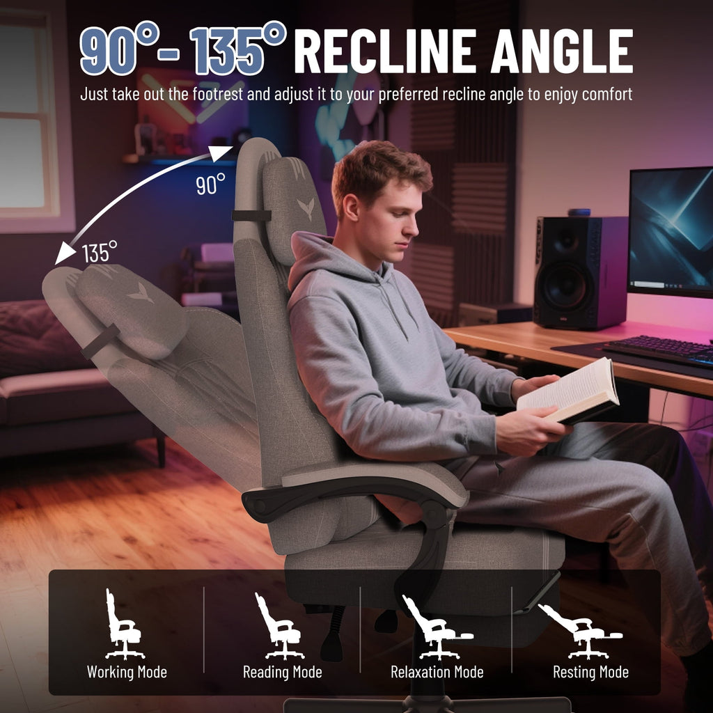 SOONTRANS Ergonomic Gaming Chair with Footrest, Adult Office Chair with Pocket Spring Cushion, Comfortable Gamer Game with Massage Lumbar Cushion Linen Fabric, Reclining Computer Chair, Grey & White