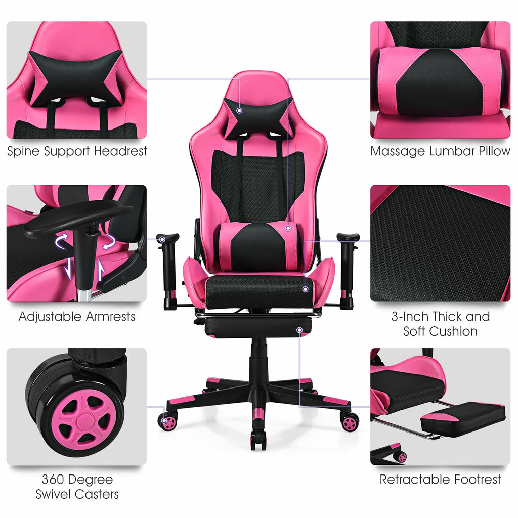 Costway Massage Gaming Chair Reclining Racing Office Computer Chair with Footrest Pink