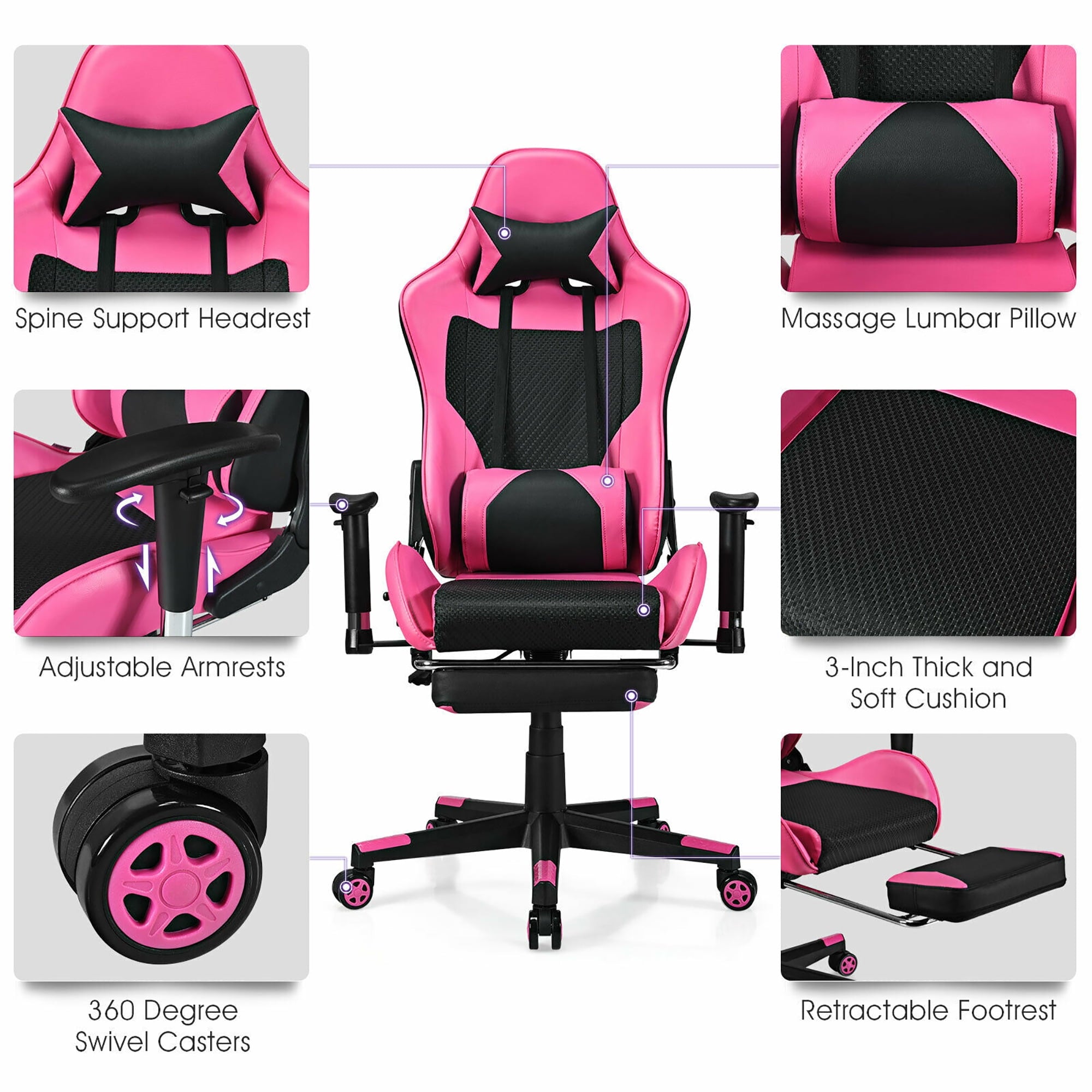 Costway Massage Gaming Chair Reclining Racing Office Computer Chair with Footrest Pink