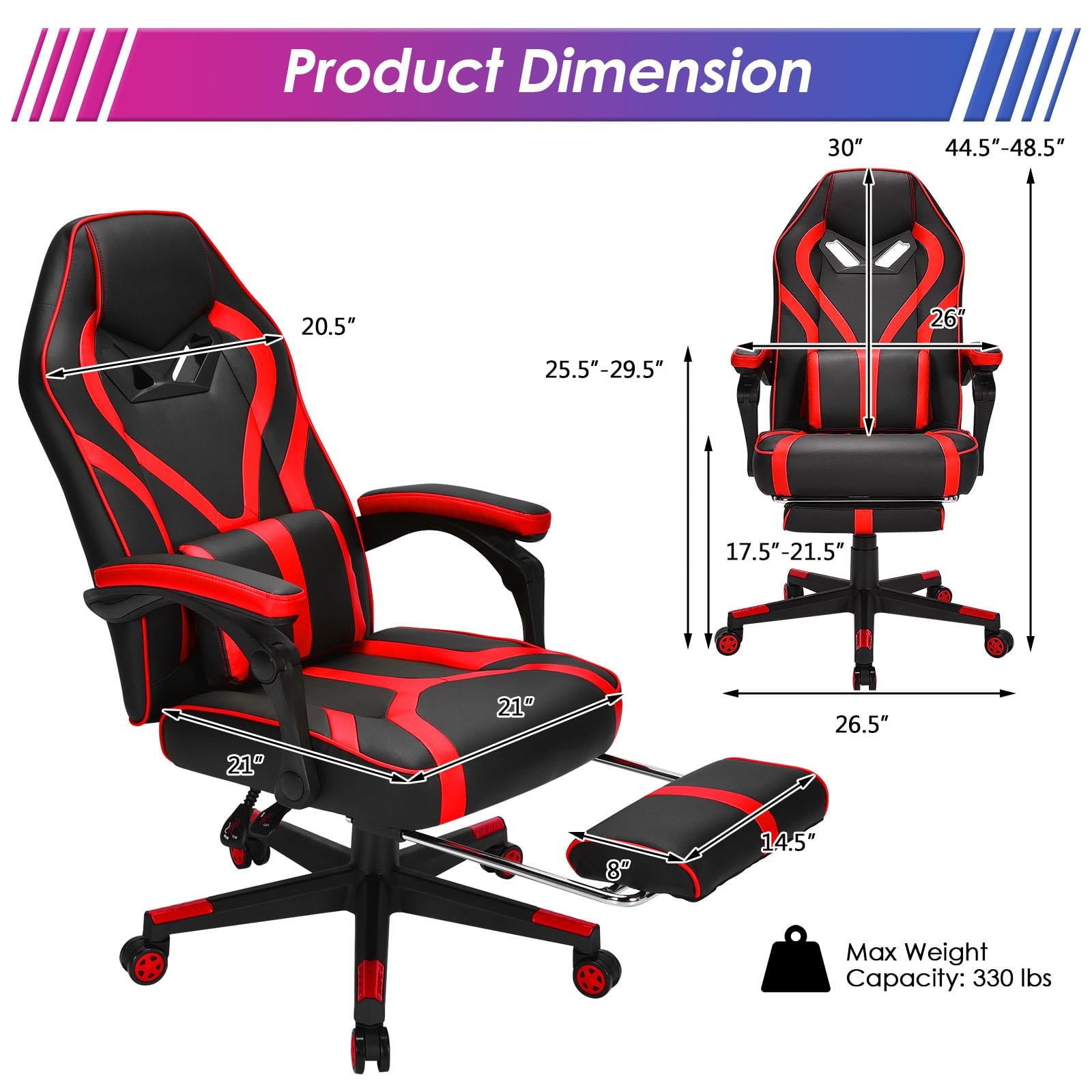 Giantex  Gaming Chair,  Ergonomic Recliner Chair w/Massage Lumbar Pillow, Adjustable Backrest, Footrest & Wheels, Racing Style Video Chair for Home Office, Red