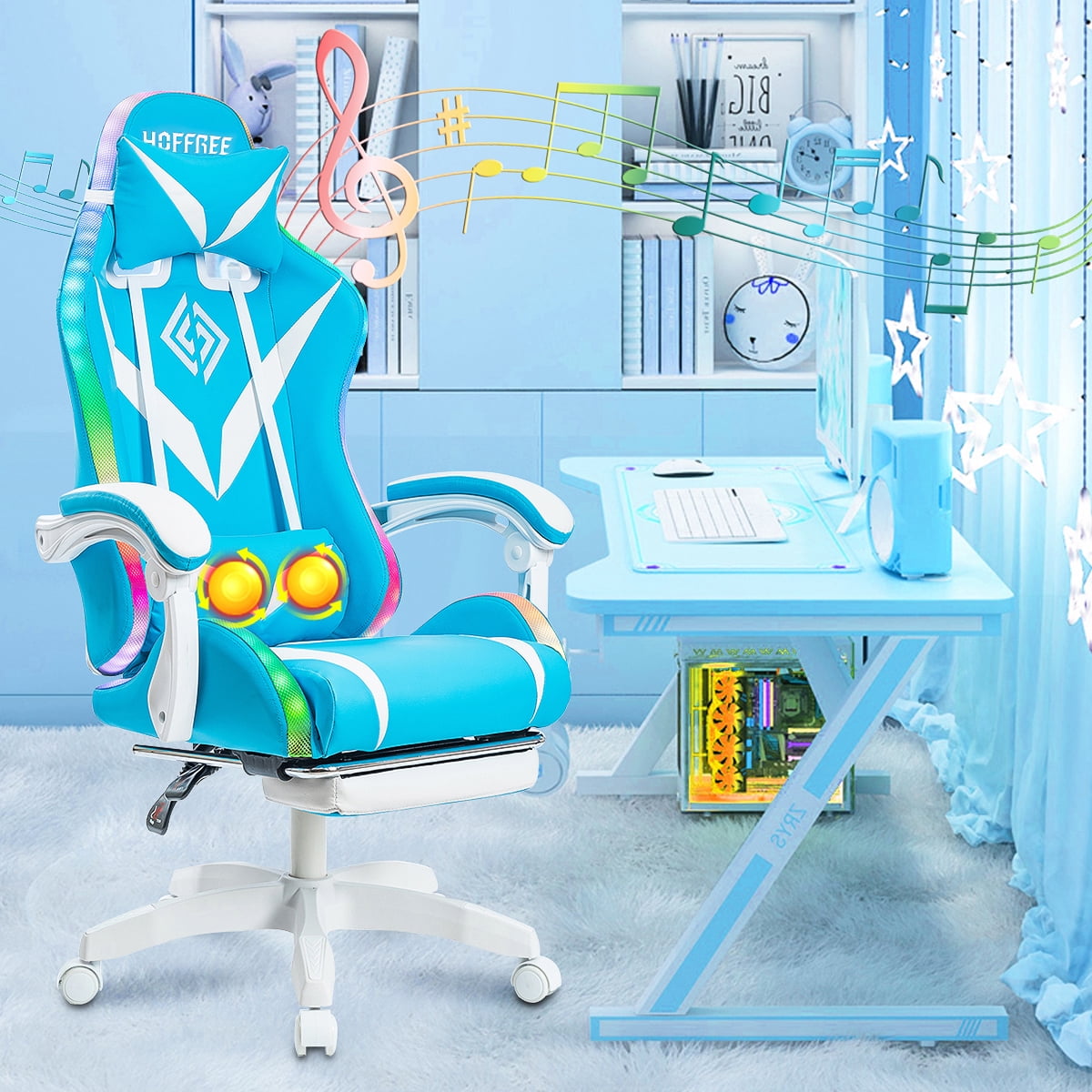 Hoffree Massage Gaming Chair with Bluetooth Speaker and RGB LED Lights, Ergonomic Video Game Chair High Back Swivel Office Recliner  Chair with Adjustable Footrest, Headrest and Lumbar Support