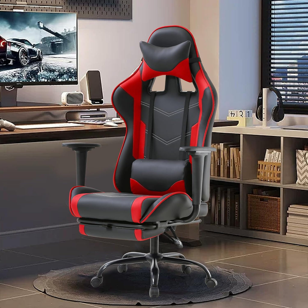 PayLessHere Red Gaming Office Chair - Ergonomic PU Leather w/Lumbar Support & Footrest，Rolling Swivel