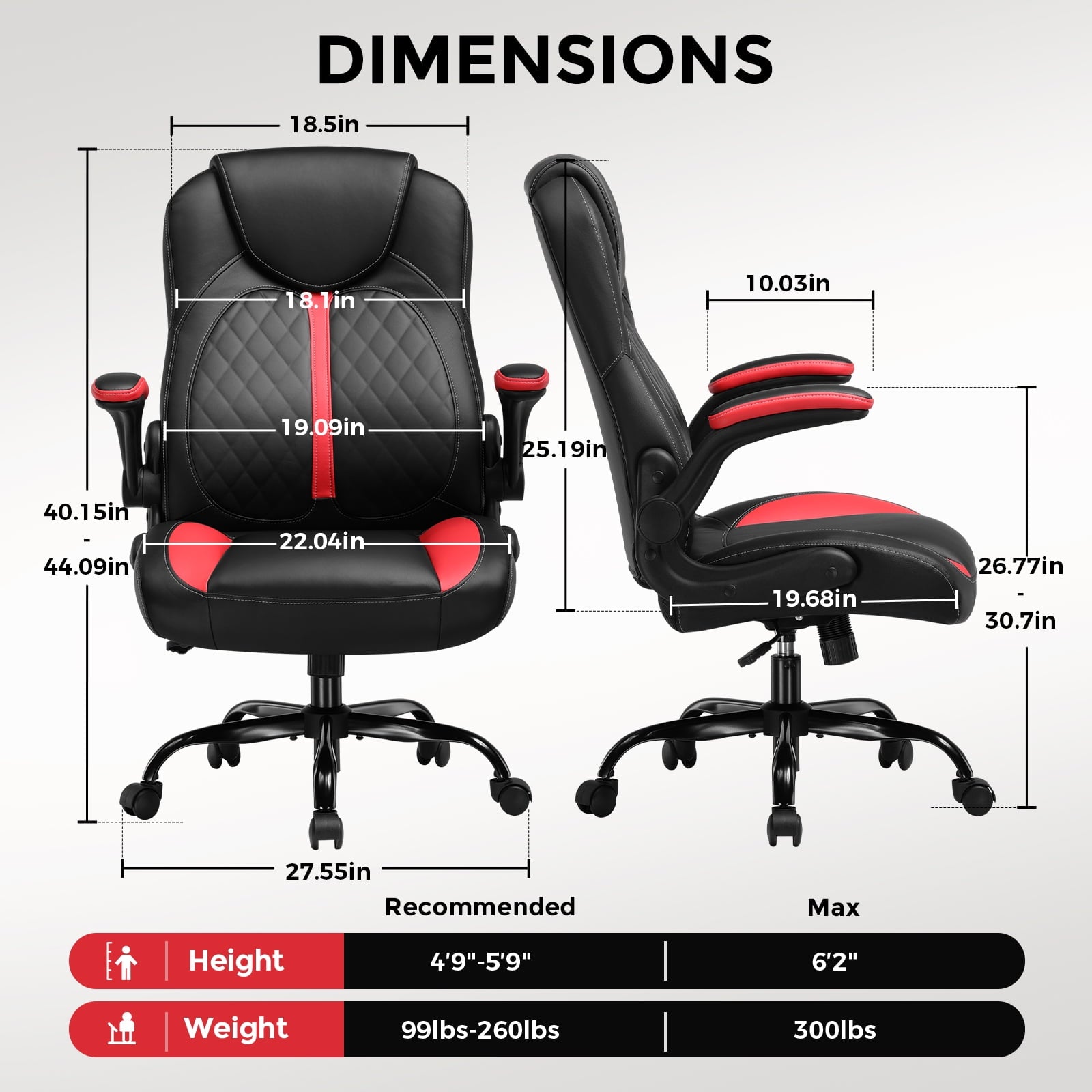 GTPLAYER Adjustable Height Video Gaming Computer Chair with Rocking Function and Flip-up Armrest, Red