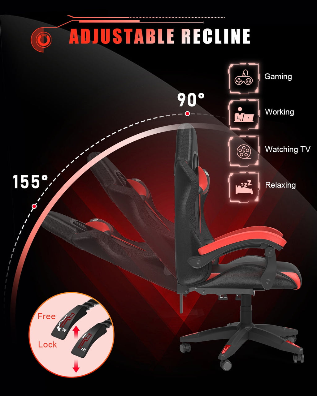 Bigzzia Gaming Chair with LED Lights,Ergonomic Office Computer Chair with Headrest Support, PU Leather, Height Adjustable, 360° Swivel, Suitable for Adults and Kids, Red