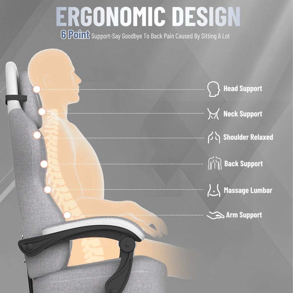 SOONTRANS Ergonomic Gaming Chair with Footrest, Adult Office Chair with Pocket Spring Cushion, Comfortable Gamer Game with Massage Lumbar Cushion Linen Fabric, Reclining Computer Chair, Grey & White