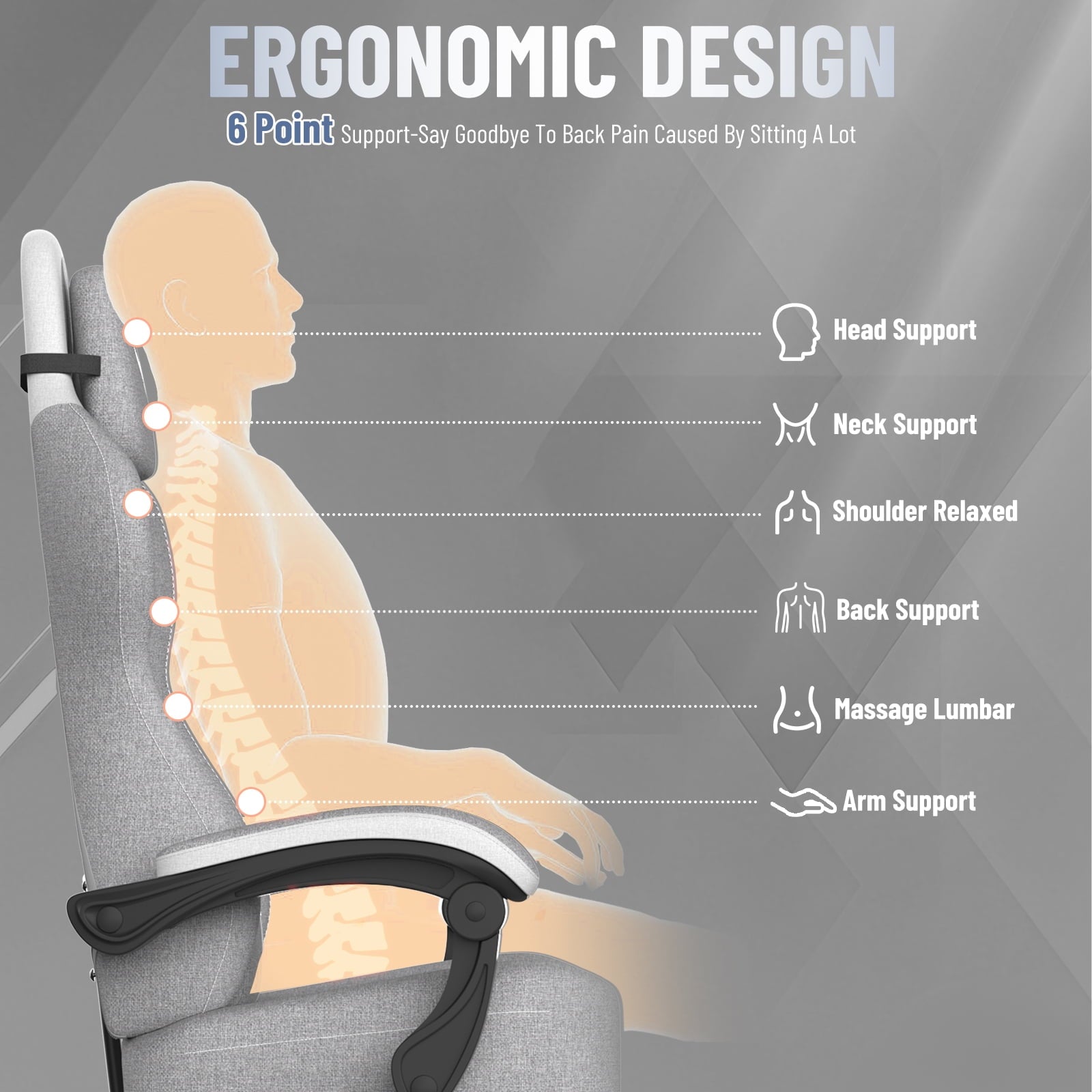 SOONTRANS Ergonomic Gaming Chair with Footrest, Adult Office Chair with Pocket Spring Cushion, Comfortable Gamer Game with Massage Lumbar Cushion Linen Fabric, Reclining Computer Chair, Grey & White