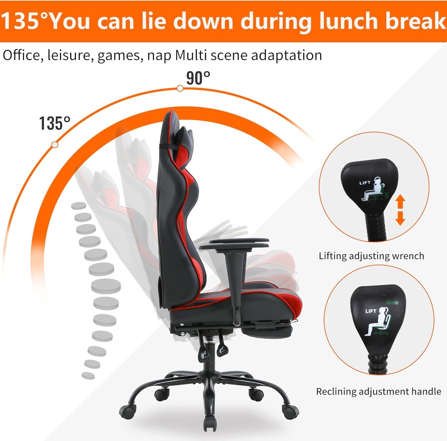 PayLessHere Red Gaming Office Chair - Ergonomic PU Leather w/Lumbar Support & Footrest，Rolling Swivel