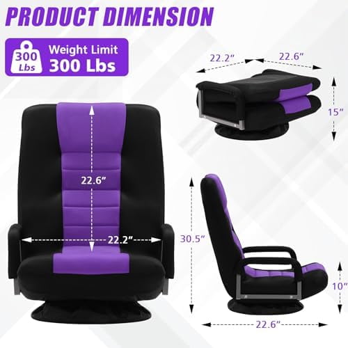 Swivel Gaming Chair Multipurpose Floor Gaming Chair for Playing Video Games, TV, Reading w/Armrest Lumbar Support & 6 Adjustable Postion Backrest for Adults & Kids,Purple